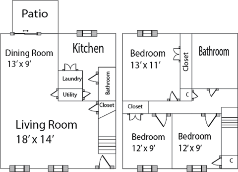 Floor plan for 3 beds, 1.5 baths, 1104 sqft